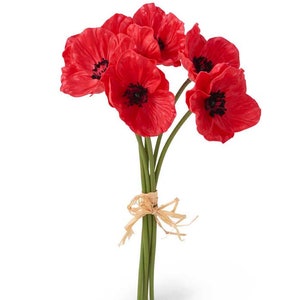 May include: A bouquet of six red poppies with black centers, tied together with a natural twine bow.