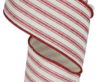 Red Stripe Ribbon, 2.5" Wide, Ribbon Ticking Stripe, Red/Ivory, Wired Edge, Gift Wrapping, Bow Making, DIY Projects (Pack of 1)