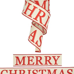 2.5&quot; x 10yd Merry Christmas On Royal, Red print on Natural, wired edge ribbon