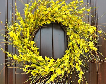 Round Yellow Forsythia Wreath for Front Door Decor~Farmhouse Decor~Farmhouse Style~Fixer Upper~Spring and Summer Wreaths~22" Diameter
