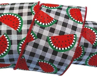 Jascotina, Inc. 2.5" Watermelon Plaid Ribbon: Black/White (10 Yards) Wired Edge Watermelon Ribbon