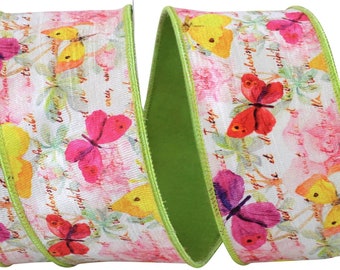 2.5"x10yd Watercolor Butterfly with French Style Motif wired Edge Ribbon, Pink, Green, Yellow, Red