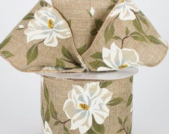 2.5" x 10 yd Magnolia Print on Natural Wired Edge Ribbon
