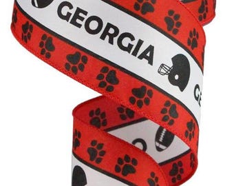 2.5&quot; x 10 yd Red, Black, White Georgia Print Wired Ribbon Footballs Helmets and Paws