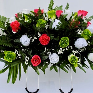 Rose Cemetery Saddle: Pink, Green & White Headstone Decoration