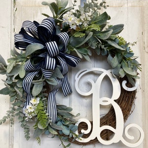 Lambs Ear and Eucalyptus Front Door Wreath, Year Round Use, Monogram Letter Optional, New Home, Housewarming, Wedding Decor, Bridal Shower