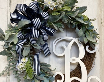 Lambs Ear Wreath and Eucalyptus Front Door Wreath for Spring-Year Round Use~Monogram Letter Option~Door Decor~Mother's Day Housewarming Gift