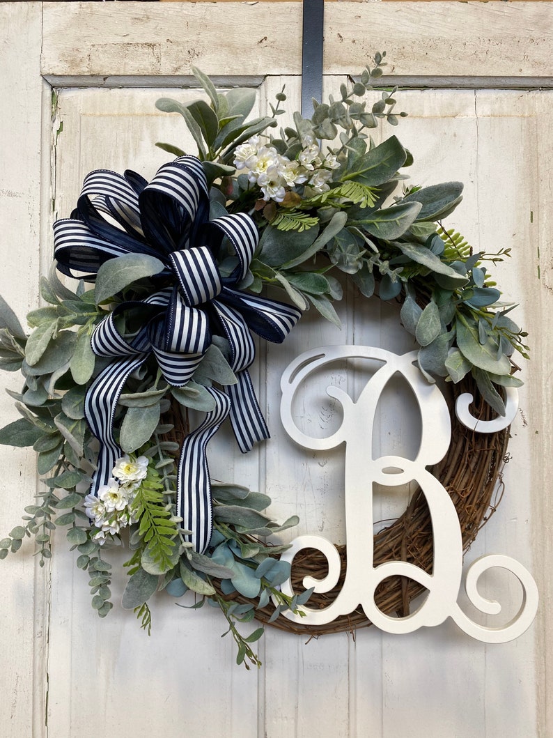 Lambs Ear Eucalyptus Rose Wreath, All Season Wreath, Monogram Letter Optional, New Home, Housewarming, Wedding Decor, Free Shipping