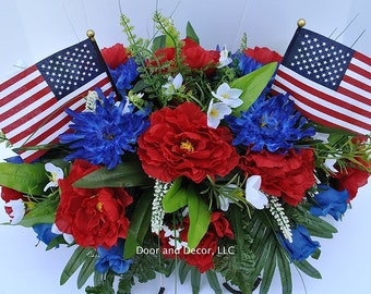 Patriotic Cemetery Saddle, Red Roses, Blue Mums, Sympathy Flowers