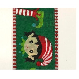 2.5&quot;x10yd Elf Faces and Legs with Red and White Striped Edge Wired Christmas Ribbon