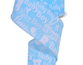 2.5"x10yd Baby Boy print Wired Edge Ribbon, Baby blue and White