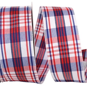 1.5"x20yd Patriotic Plaid Woven Wired Edge Ribbon-Red, white, blue