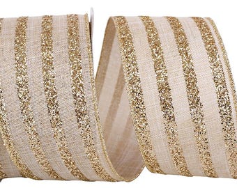 May include: A roll of decorative ribbon with a cream-colored background and vertical gold glitter stripes. The ribbon is made of a textured fabric and is ideal for gift wrapping, crafting, or holiday decorations.