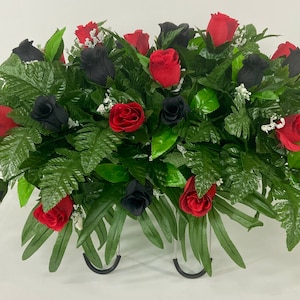 Cemetery Headstone Saddle Flower Arrangement in Red and Black Roses-Grave Marker Decoration, Sympathy Flowers
