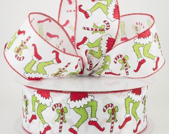 2.5&quot;x50yd White Wired Edge Christmas Holiday Ribbon with Green Monster Legs & Candy Canes