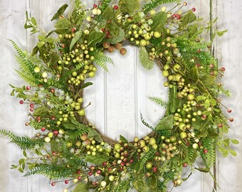 24" Diameter Round Front Door Wreath with mini crab apples, berries, ferns and leaves, Ideal for Spring and Summer, Neutral