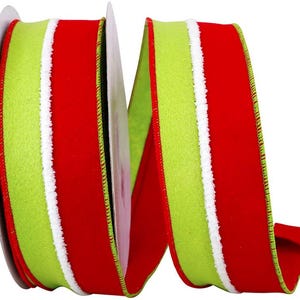 Ribbon , Christmas Velvet Duo Fuzzy Stripe Wired Edge, Red/green, 2-1/2 Inch, 10 Yards