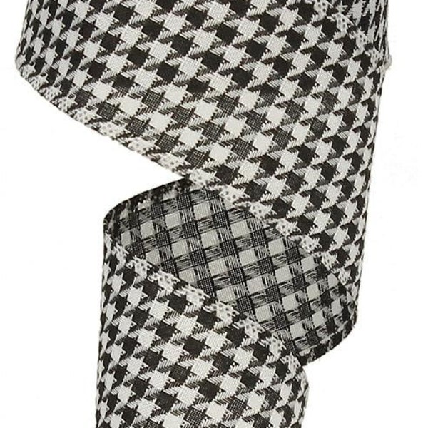 2.5" Wide Expressions Black & White Large Houndstooth Woven Wired Ribbon (10 Yards)