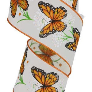 2.5&quot;x10 yd Butterflies & Daisies Wired Edge Ribbon, Orange, Green, White on Cream Background