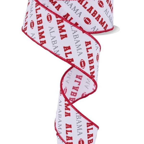 1.5"x10yd Alabama Print Football Wired Ribbon, Crimson, Grey, White