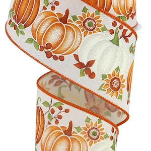 Pumpkins & Fall Sunflowers Wired Edge Ribbon - 2.5" x 10 Yards (Cream, Orange, Moss)