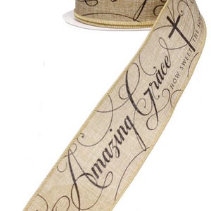 2.5インチ幅 エクスプレッションズ ナチュラル キャンバス アメイジング グレース ワイヤード リボン ベージュ & ブラック (10ヤード)