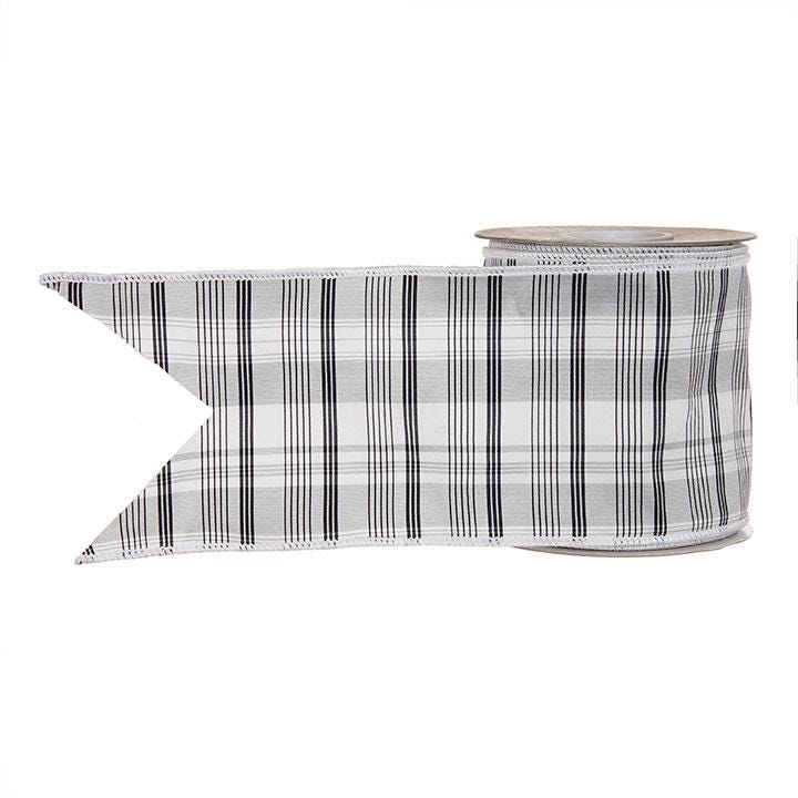 4" x 10 Yds Checked Wired Ribbon-Grey, Black, and White