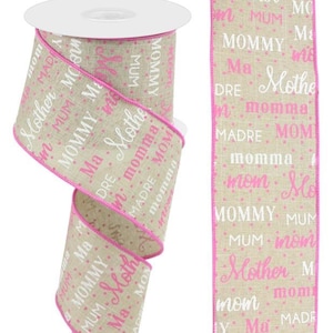 2.5&quot;x10yd Mom, Momma Pattern on Royal, Pink and White on Natural, Wired Ribbon
