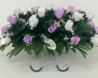 Cemetery Flowers for Headstone and Grave Decoration-Light Lavender and White Roses, Tombstone Saddle Arrangement, Memorial Decor