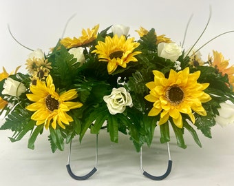 Cemetery Saddle Headstone Decoration with Yellow Sunflowers and Cream Roses for Mother's Day, Father's Day, Valentine's, Spring and Summer