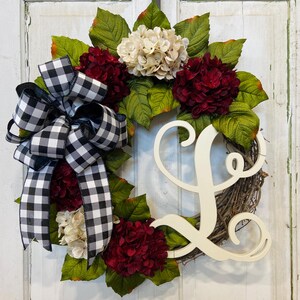 Hydrangea Monogram Front Door Wreath with Cream and Ruby Red Hydrangeas on Grapevine Base-Farmhouse, Garden, Cottage