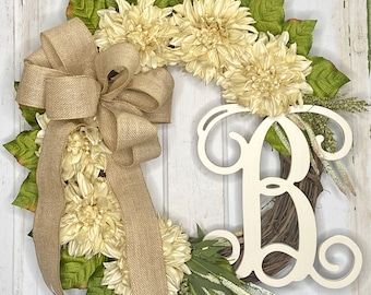 Neutral Monogram Initial Front Door Wreath with Choice of Bow and Cream Dahlias on Grapevine Base-Handmade in the USA