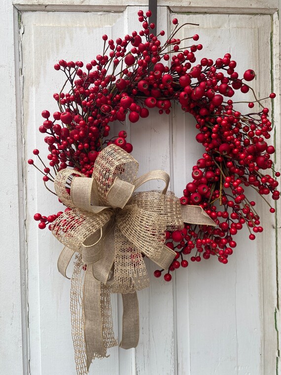 21-22 Diameter Round Red Berry Wreath for Fall, Christmas, and
