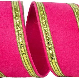 Reliant Ribbon Sequin Trimming Striped Edge Dupioni Deluxe Wired Edge, Fuchsia/lime, 2.5 Inch x 5 Yds
