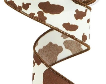 1.5"x10yd Brown and Ivory Highland Cowhide Print Wired Ribbon