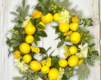 20" Diameter Yellow Lemon and White Hydrangea Round Front Door or Kitchen Wreath with Optional Bow