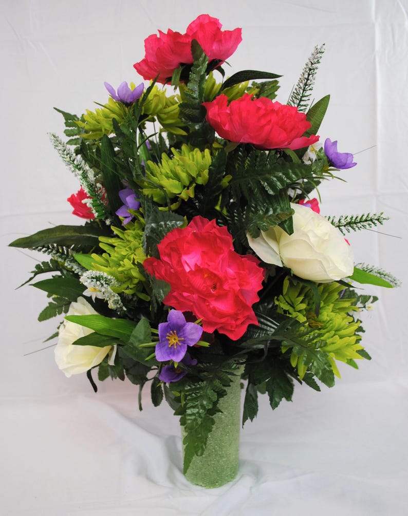 Vase Filler, Spring Cemetery Flowers for Headstone and Grave Decoration, Pink Peony and White Rose Mix Saddle image 2