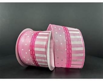 2.5"x10yd Pink and White Stripe and Polka Dot Wired Edge Ribbon, Baby Girl, Birthday, Bow, Wrapping
