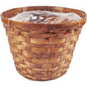 May include: A brown woven bamboo planter with a clear plastic liner. The planter is round and has a wide base.