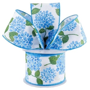 2.5" x 10yd Blue French Hydrangea Print on White Wired Edge Ribbon