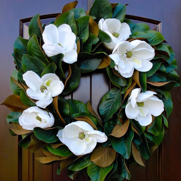 Artificial Round Magnolia Leaf and Bloom Front Door Wreath for Spring, Summer, and Fall Decoration~ Realistic Look and Feel~ Gift idea