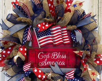 Red White and Blue Patriotic Front Door Mesh Wreath-God Bless America wreath~Truck Wreath~Patriotic Wreath-July 4th Wreath-Memorial Day