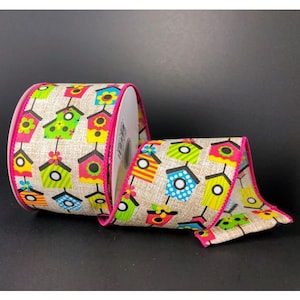 2.5&quot; X 10yd Wired Linen Printed Bright Birdhouses Ribbon on Natural