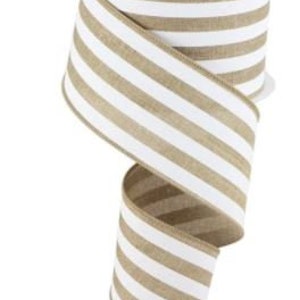 2.5" X 10yd Vertical Stripe Ribbon Wired Edge-Beige and White