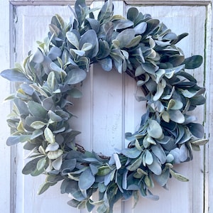 Handmade Lambs Ear Wreath: 22&quot; Round Faux Greenery, Grapevine Base
