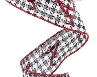 1.5"X 10yd Houndstooth Red Glitter "A" Alabama Wired Ribbon-Crimson, Black and White