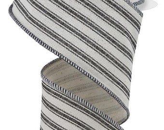 2.5" x 10yd Ticking Stripe On Cotton Polyester Blend Wired Edge Ribbon, Black/Ivory