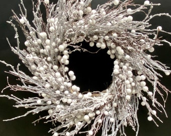 24-inch White Flocked Berry Winter Wreath, Front Door, Decor, Sympathy, Gift, New Year's,