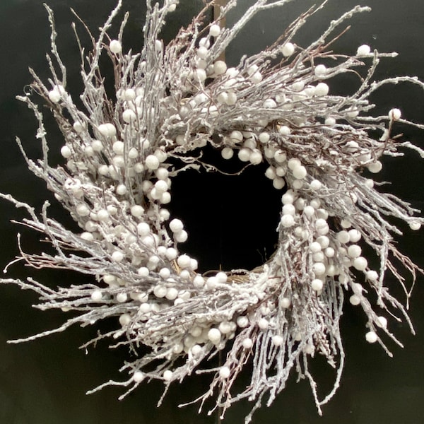 24-inch White Flocked Berry Winter Wreath, Front Door, Decor, Sympathy, Gift, New Year's,
