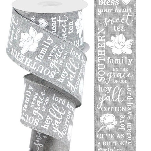 2.5"X10yd Southern Charm On Royal-White Print on Grey Wired Ribbon